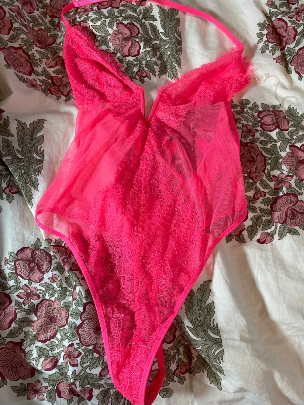 VS Sheer Lace Halter Teddy Bodysuit in Hot Pink